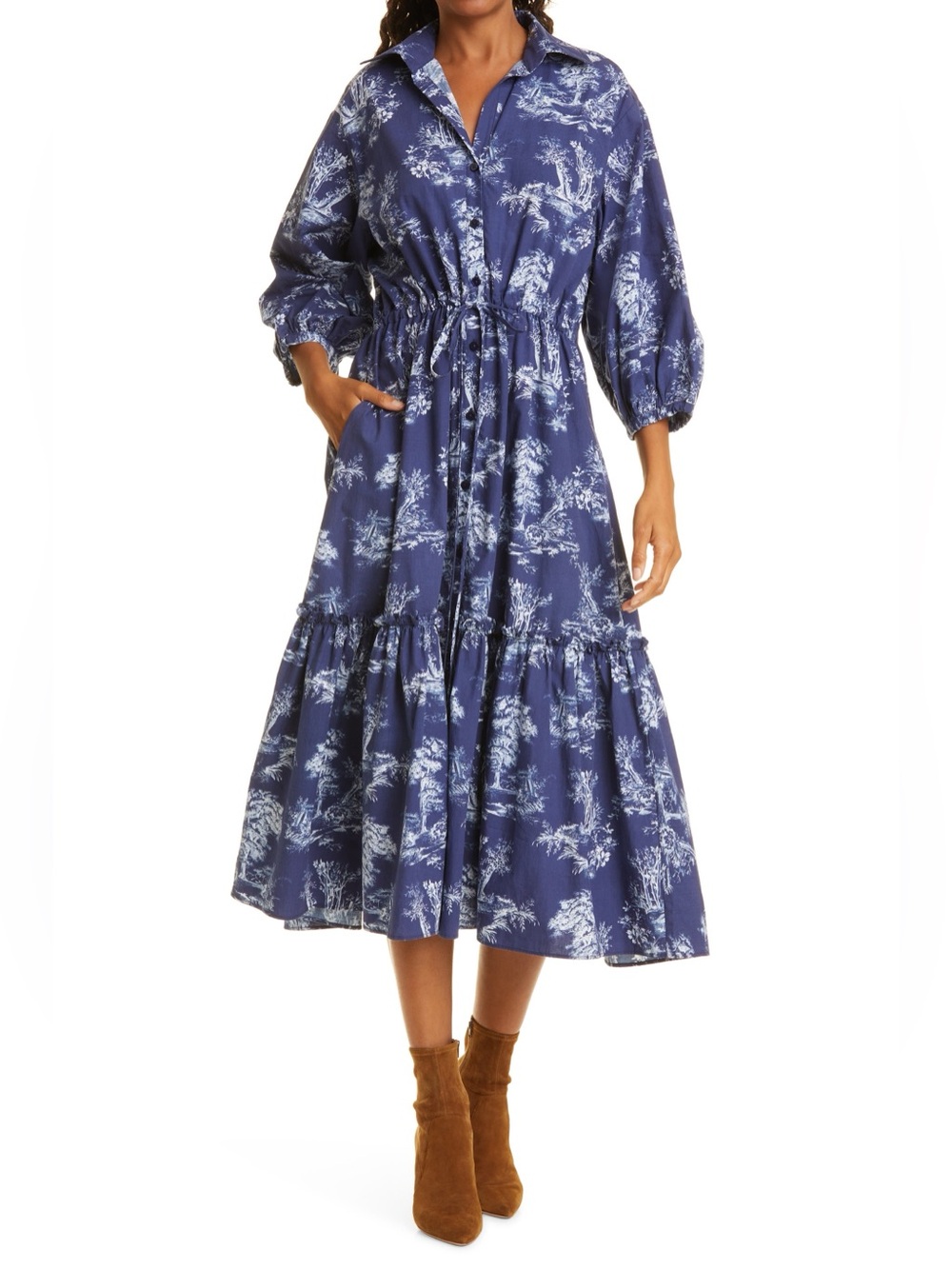 Rare Cara Cara Hutton Shirtdress Button-Front Tiered Midi Dress Navy Size Small